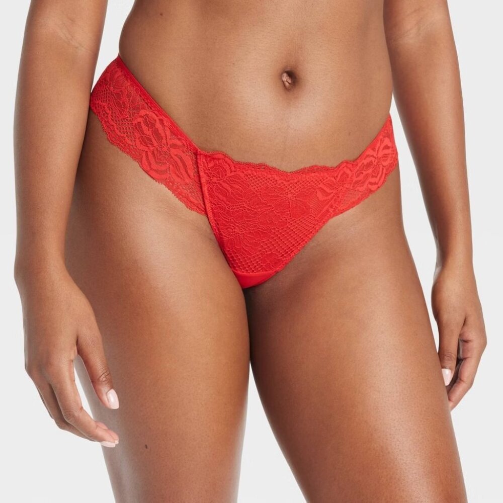Auden Womens Size XS Fits 0-2 Galloon Lace Semi-Sheer Thong Panty in Red 264